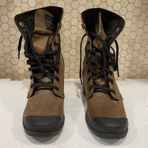 Brown Palladium chunky heel leather combat boots, size 9